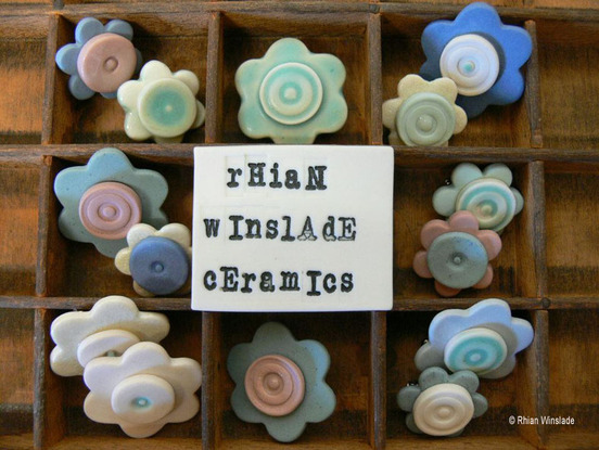 Picture of small ceramic flowers in a box as made by Rhian Winslade